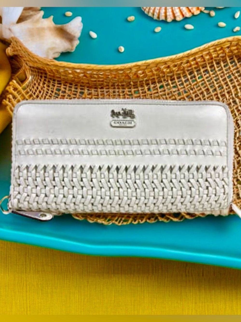 COACH Resort White Woven Leather Accordion Zip Wallet